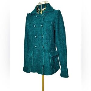 Kenar Wool Blend Green Double-Breasted Button Front Coat with Flap Pockets, S